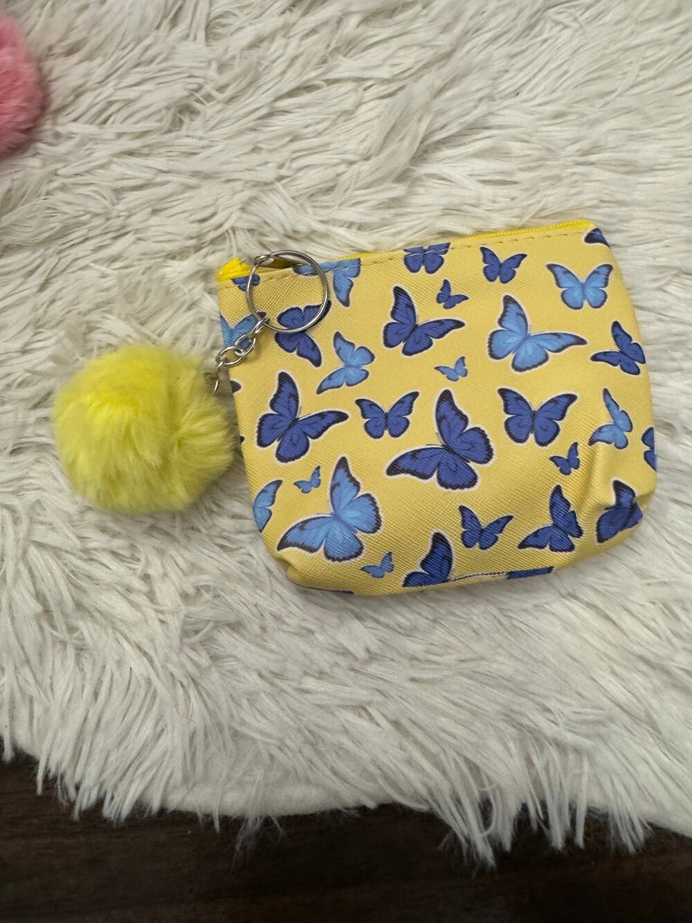 Yellow and blue butterfly keychain purse with pom pom